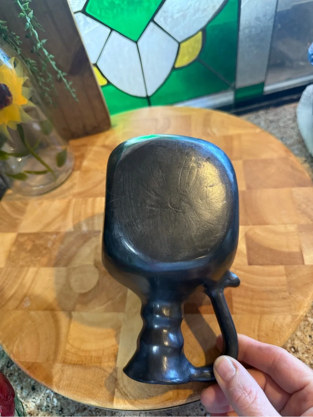 Barro Negro–Style Black Clay Pottery Jug with Etched Flower – 7”
